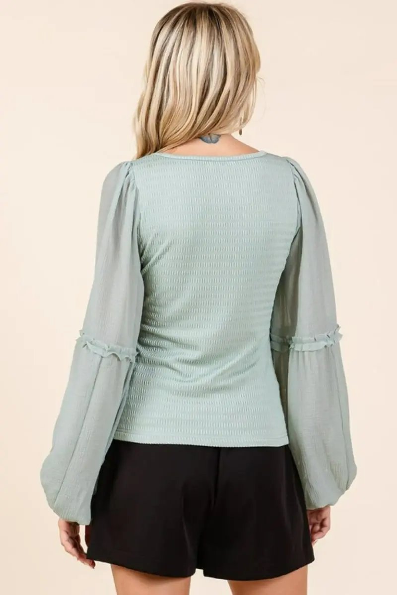 Mittoshop Mixed Media Textured Knit Chiffon Long Sleeve Top - Love Salve